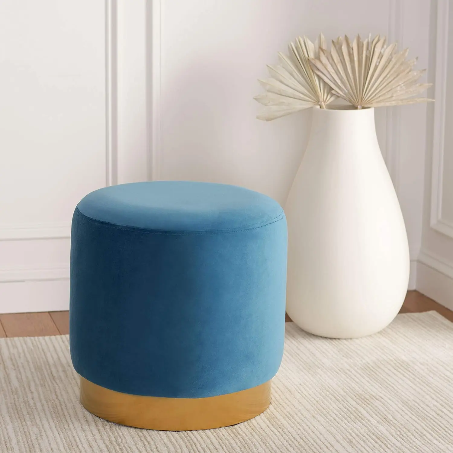 

Home Collection Abrea Denim Blue Velvet And Bla Round Ottoman
