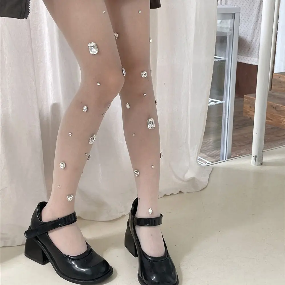 Stretchy Thin Rhinestone Pantyhose Tights Full Foot Crystal Stockings Black Silk Socks Sexy Pantyhose Girl