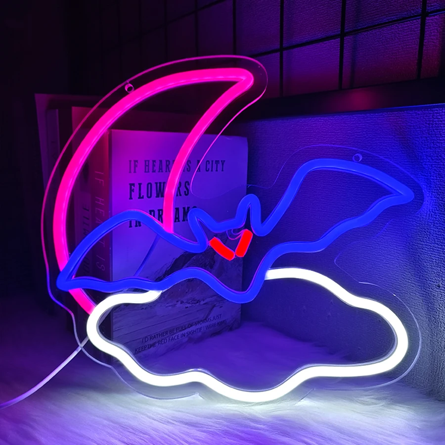 Moon Bat Led Neon Sign, The Best Gift For Halloween Party, Gothic Room, Living Room, Game Room, Club, Bar And Man Cave Decor.
