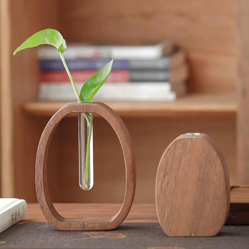 

Walnut flower device Hydroponic plant flower arrangement Japanese solid wood glass desktop creative small test tube vase