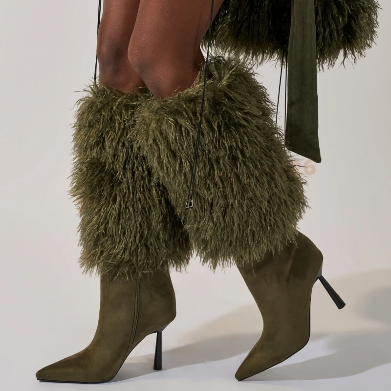 

Knee High Suede Furry Boots for Women Pointed Toe Slip-On Novelty Sexy Fashion Elegant Thin High Heels Party Runway Shoes
