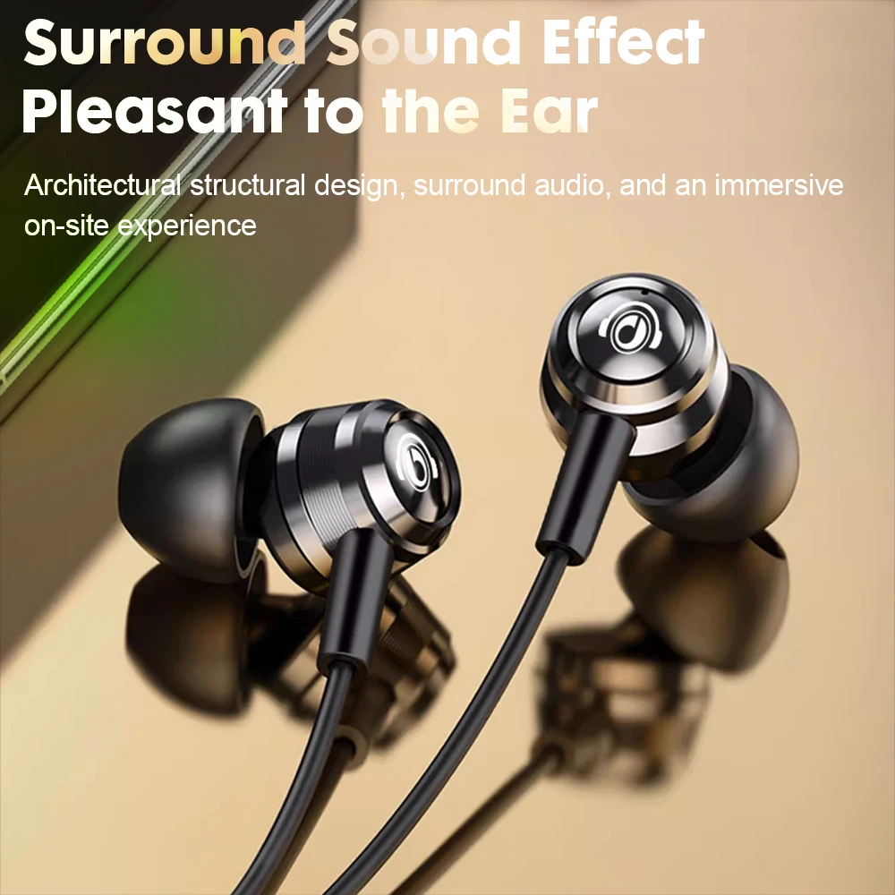 Słuchawki przewodowe J109 z doskonałą jakością dźwięku, słuchawki douszne z złączem Type-C i gniazdem 3,5 mm, słuchawki stereo HiFi z metalową obudową i mikrofonem. — zdjęcie produktu 4