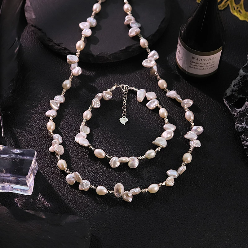 

GLSEEVO Natural Freshwater Baroque Pearl Jewelry Set Irregular Pearl Necklace Bracelet Gift for Date Wedding Dainty Jewelry