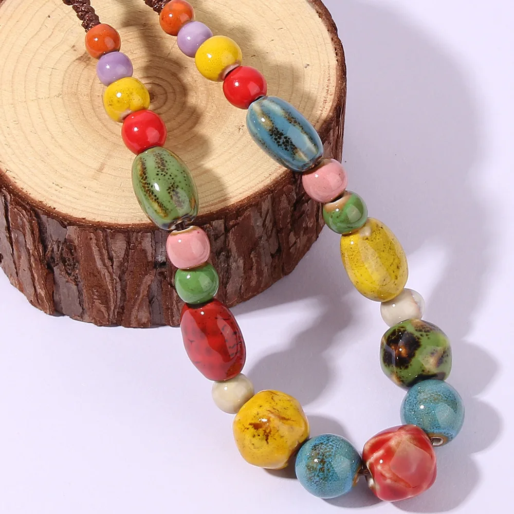 Fashion Ceramics Beads Pendant Ethnic Long Necklace Chain DIY Jewelry Style Vintage Colorful Ceramic Bead Long Necklace