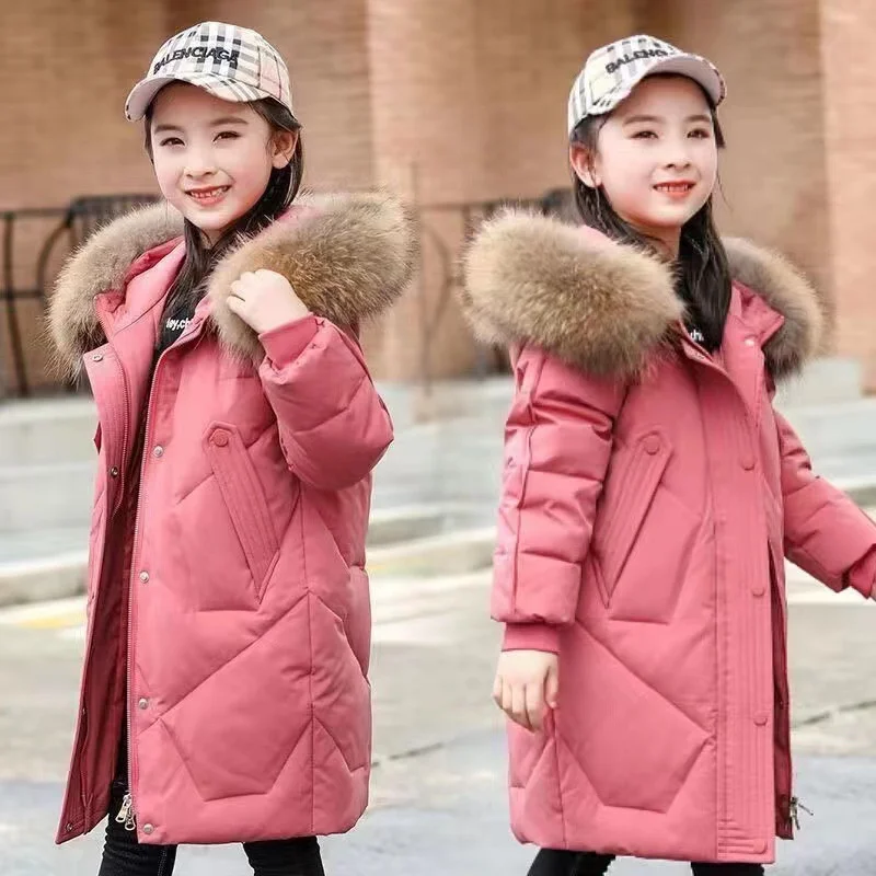 Girls Winter Outerwear Casual Cotton Fur Collar Hooded Clothes Kids Thicken Warm Parkas Children Solid Colour Fashion Jackets