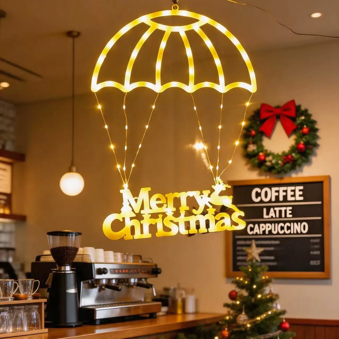 LED Christmas Parachute  String Indoor and Outdoor  Atmosphere Decorative Lights Santa Claus  Leather Line Hanging