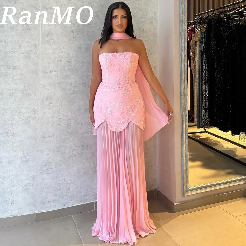Ranmo rosa elegante frisado sereia vestido de baile até o chão plissado cachecol vestidos de noche sem mangas vestidos de noite elegantes 2025