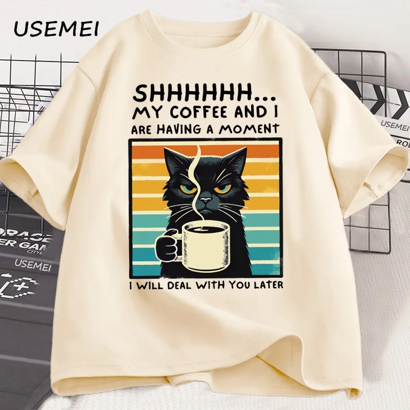 Funny Coffee Cat T-Shirt Summer Cotton Short Sleeve Cat Mama T Shirt Coffee Lover Tee Shirt Retro Cat T Shirt Mens Clothes
