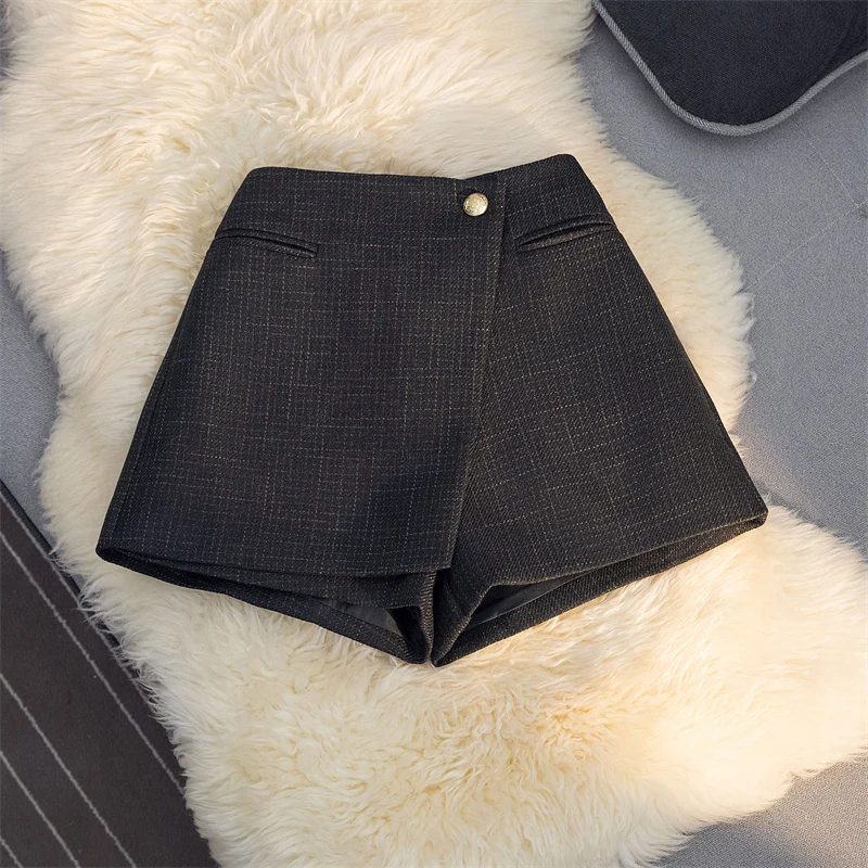 2024 Autumn Winter French Style Tweed Shorts for Women High Waist Slim Fit A Line Skirt Pants Wide Leg Woolen Casual Outerwear