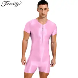 Men's Zipper Bodysuit One-Piece Swimwear Glossy Stretchy Swimsuit Round Neck Swimming Fitness Short Sleeve Jumpsuit Leotards