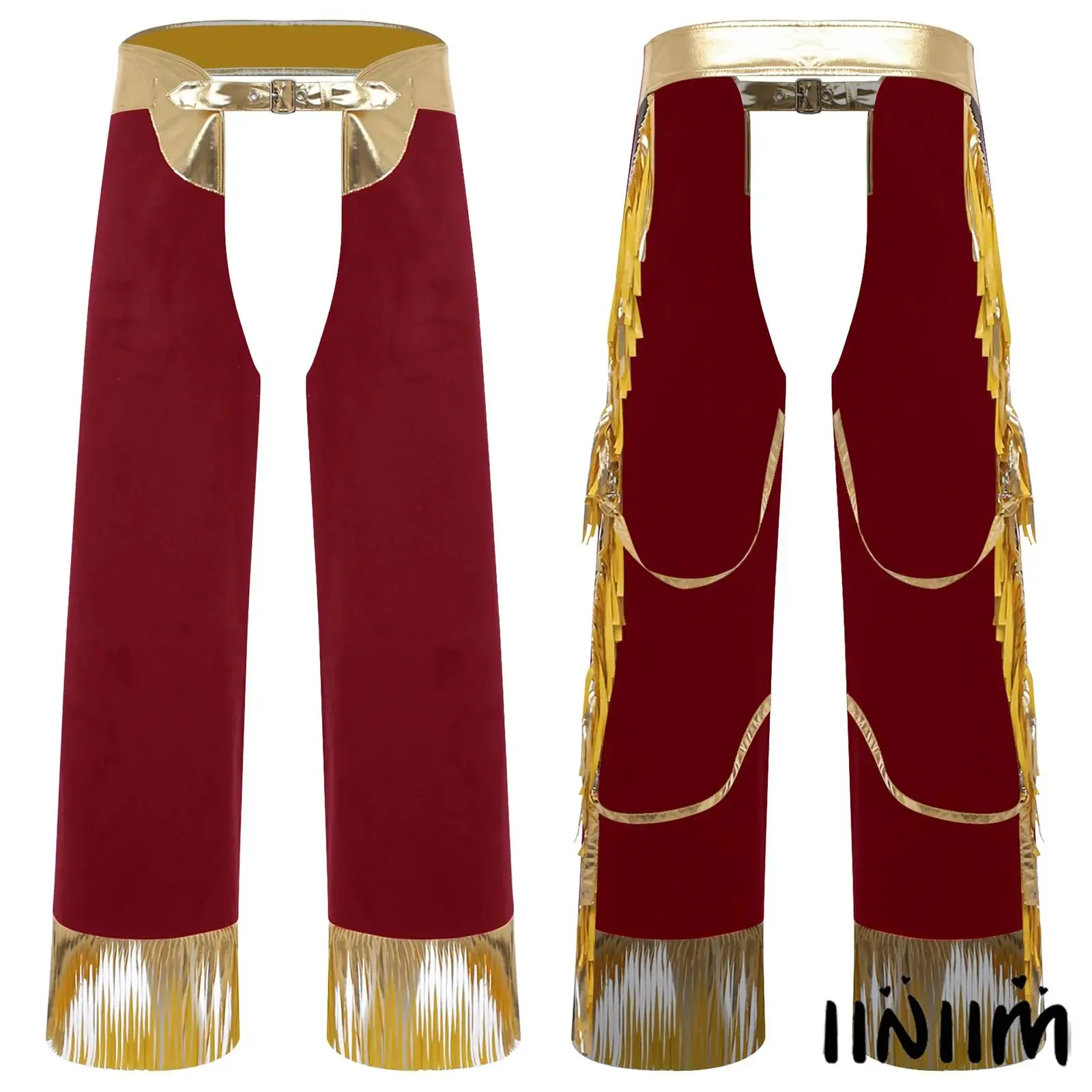 

Adult Mens Western Rodeo Chaps Metallic Fringe Leather Pants with Adjustable Waist Cowboy Costume for Halloween Christmas Party