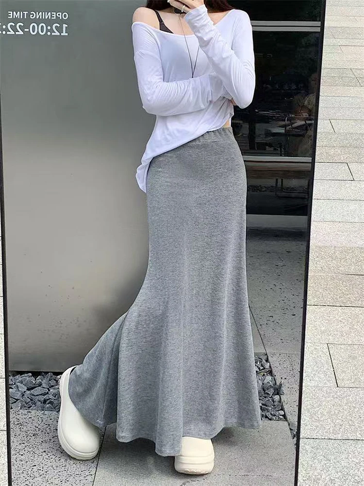 

Autumn Winter Thicke Midi Skirt Women Korean High Waist Elegant Fishtail Skirt Female Solid All-Match Elastic Waist A Line Skirt