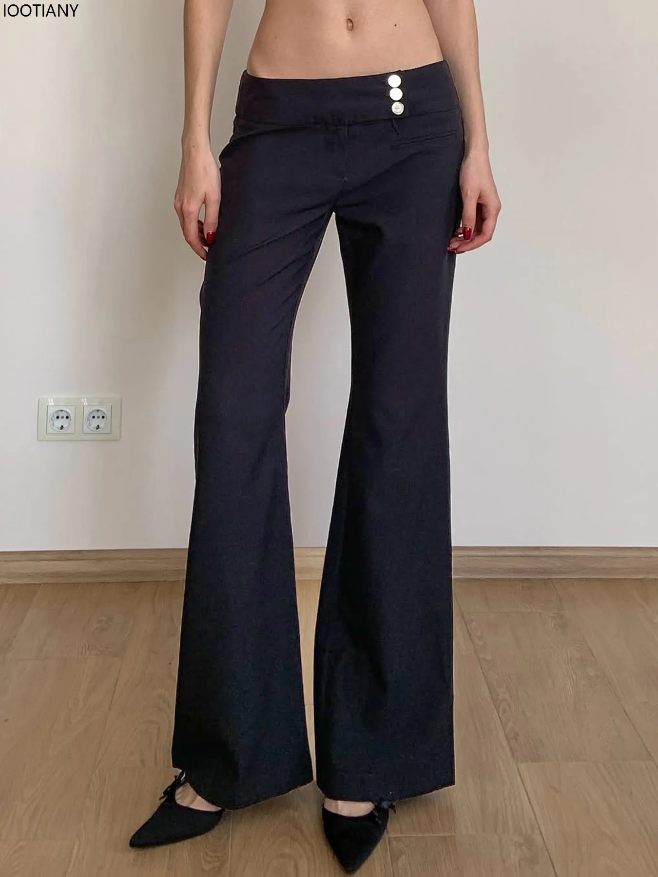 Low-rise Black Casual Pants Women's Button-down Slim Flare Pants Vintage 2000s Solid Harajuku Capri Pants Bootcut Trousers 2025