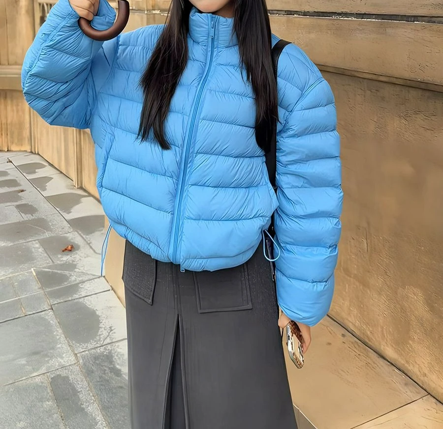 Col montant bleu court coton vêtements vêtements pour femmes hiver 2025 nouveau tempérament mince polyvalent pain vêtements veste