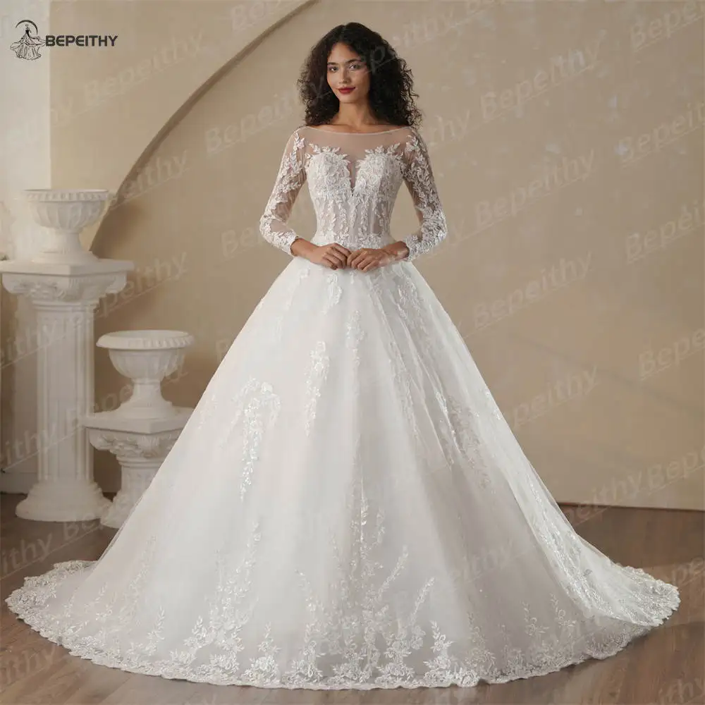 BEPEITHY Customized Scoop A-Line Boho Wedding Dresses With Full Sleeves Vintage Bride Ivory Bridal Gown 2025 Low Back Vestidos image 5