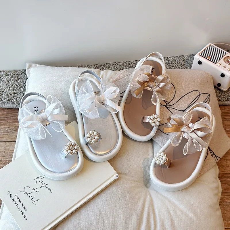 

Summer Girl's Sandals Soft Sole Kids Flats Shoes Clip-toe Bowknot Elastic Band Pu Leather Chunky Morden Fashion Children Shoes