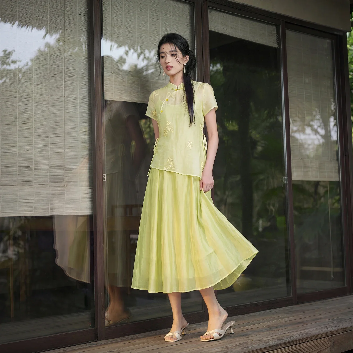 SENTUBILA Lyocell Chinese Style 2 Piece Set Woman Outfits Stand Collar Embroidered Light Blouse A-line Camisole Dress Q62ZJ7853