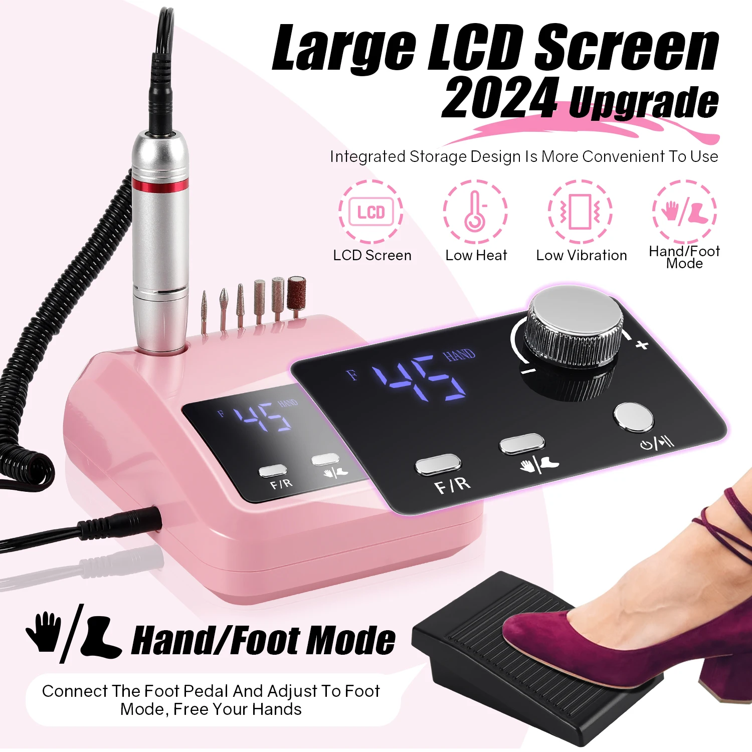 Professional Nail Drill Machine with 45000 RPM High Speed, Large LCD Screen and Various Drill Bits