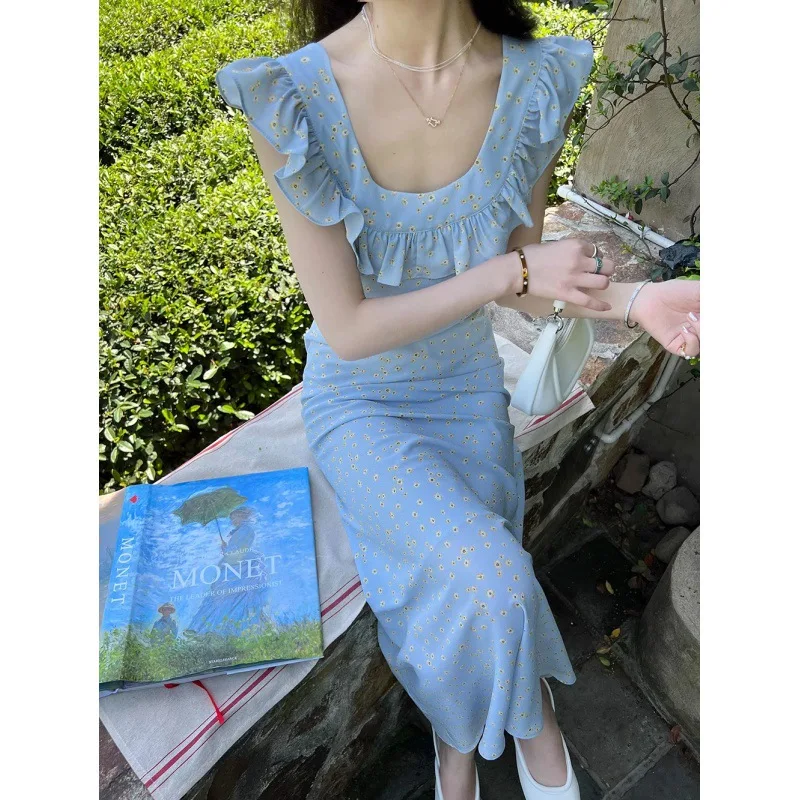 

French Retro Floral Dress Long Temperament Holiday Square Collar Ruffled Skirt Women's Summer New Dress