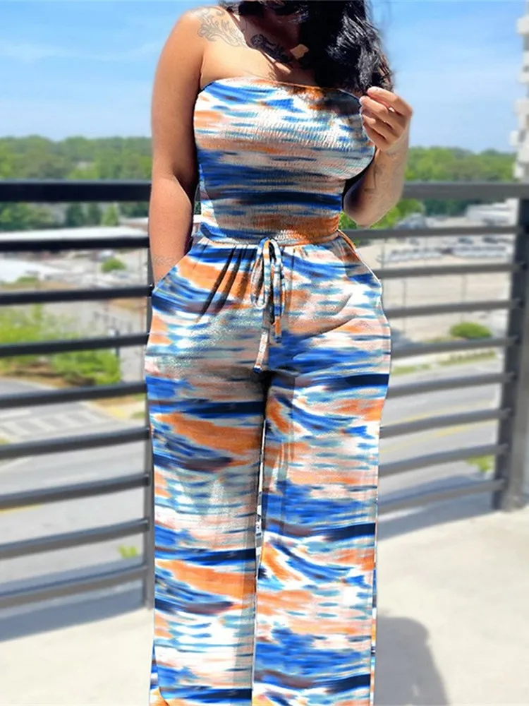 Women\'s Sexy Strapless One Piece Printed Pants Summer Fashion Lace Up High Waisted Slim Sleeveless Female Beach Holiday Jumpsuit
