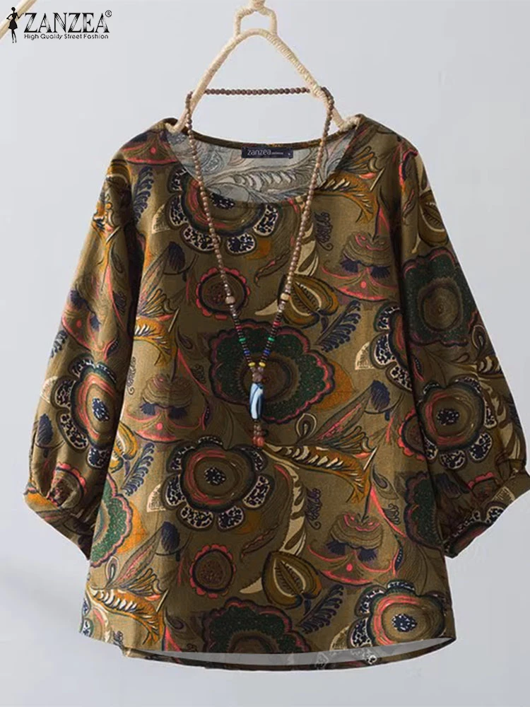 

Женская блузка с принтом в стиле ретро ZANZEA, летние рубашки с круглым вырезом и рукавами 3/4, винтажные праздничные туники, топы, повседневные свободные хлопковые блузки, сорочка