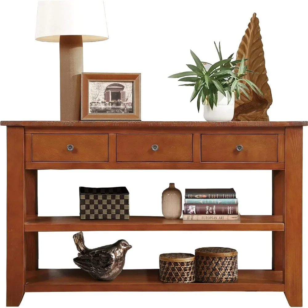 Solid Wood Console Table Entryway Table with Storage Drawers and Bottom Shelf Sofa Table