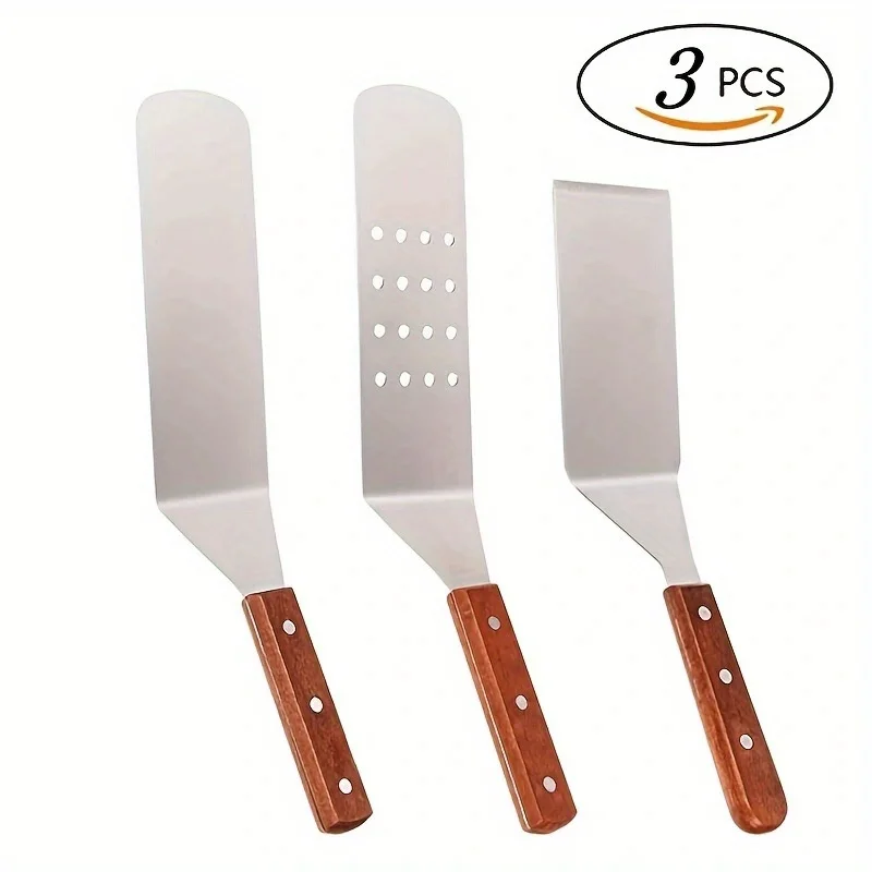 3pcs Stainless Steel Metal Spatula Burger Turner Spatula, 6in/8in Hamburger Turner With Wooden Handle For Barbecue, Steak, Pizza