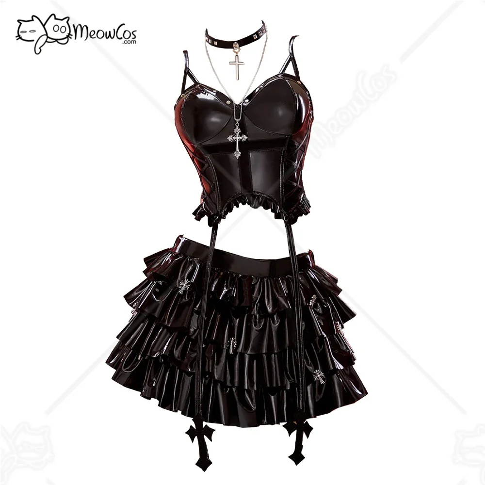 MEOWCOS Damen Miss Misa Gothic Schwarzes Camisole-Rock-Set, dunkles Camisole und mehrlagiger Rock mit Halsband und Halskette