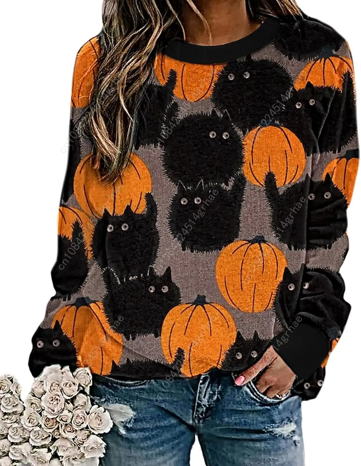 سويت شيرت على شكل يقطين الهالوين بلوفر بياقة دائرية - قمصان علوية كاجوال فضفاضة بأكمام طويلة مطبوعة على شكل حيوان قطة