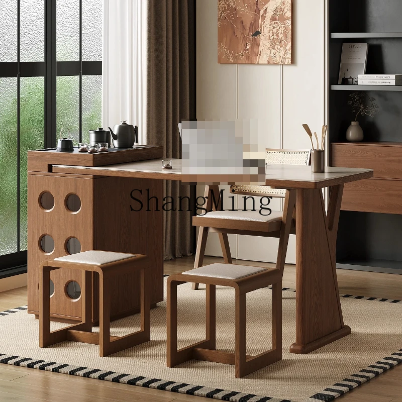 

FG balcony tea table small apartment living room household high-end desk integrated dual-purpose solid wood rock board tea table