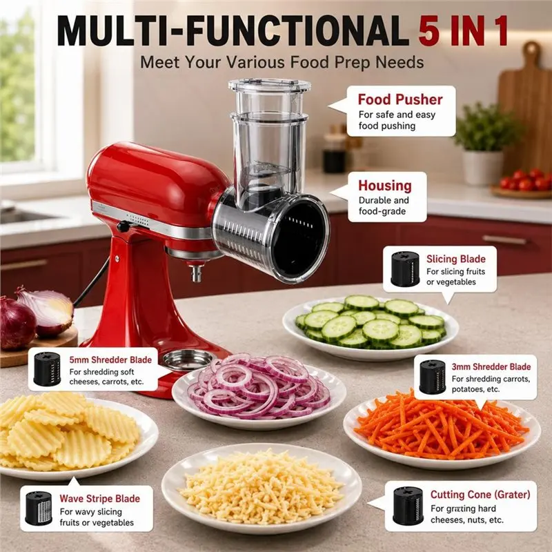 ABZL Large Feed Chute Cheese Grater 5-In-1 Slicer Shredder Attachments For Kitchenaid Stand Mixers