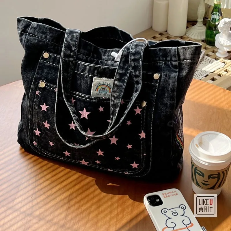 

Original Design, Niche Heavy Industry Embroidery, European Fashion Denim Square Artistic Handbag, One Shoulder Tote Bag