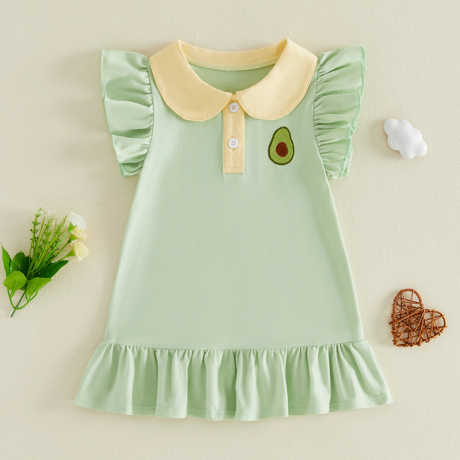Toddler Girls Dress Avocado/Sunflower/Tulip/Strawberry Embroidered Buttons Fly Sleeve Casual Dress Kids Summer Dress