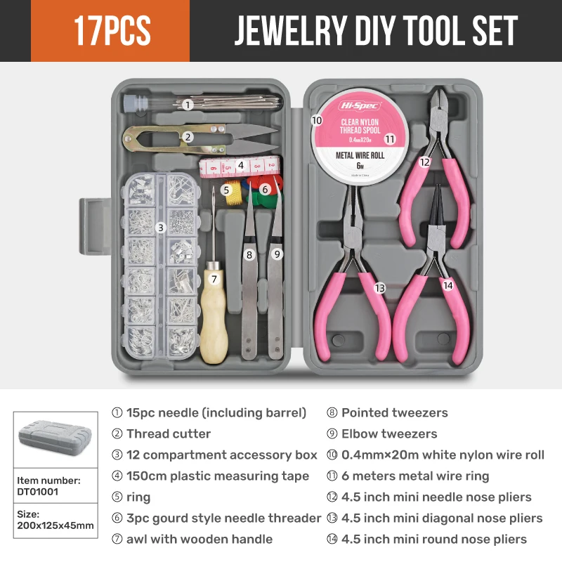 Hi-Spec 17Pcs Jewelry DIY Hand Tools Tweezers Plier Measure Woodworking Tools Kit Auto Repairing Tool Set Tools Box For Home Diy