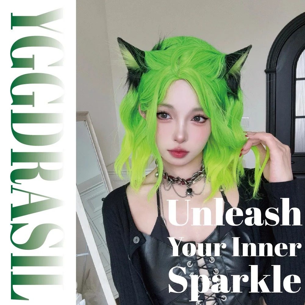 16Inch Gothic Green Gradient Synthetic Wigs Middle Part Short Natural Wavy Hair Wig for Women Daily Use Cosplay Heat Resistant