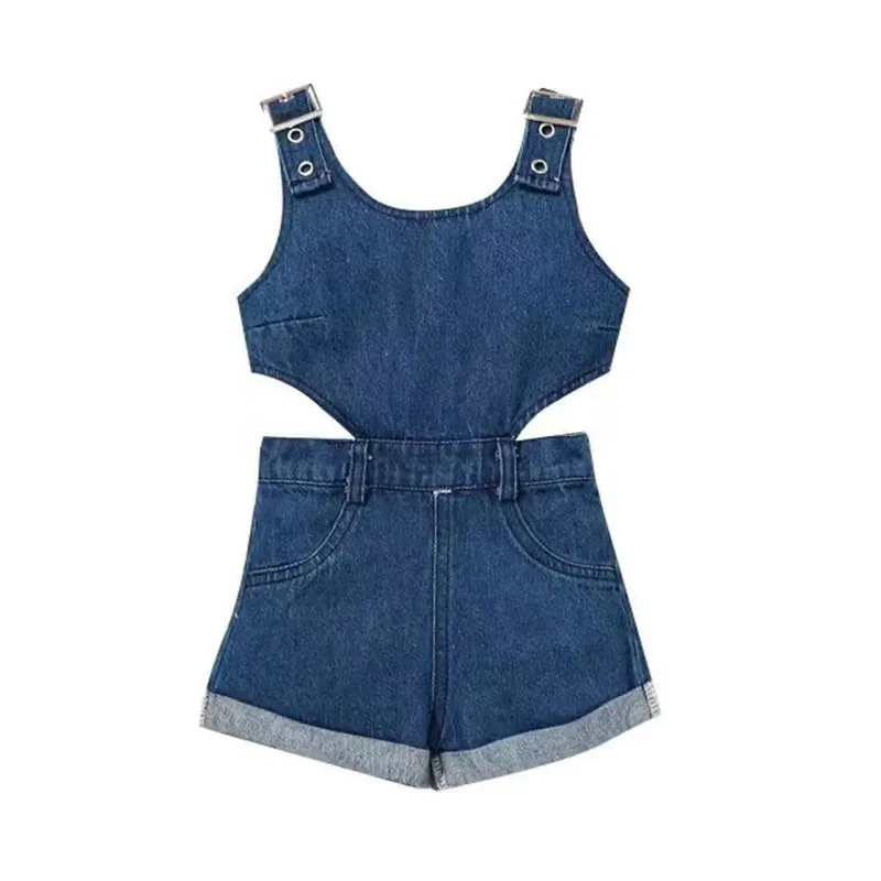 2024 Kids Girls Clothes Set Jumpsuits Summer Denim Short Triple Breasted Outfits Baby Clothing 4 5 6 7 Year