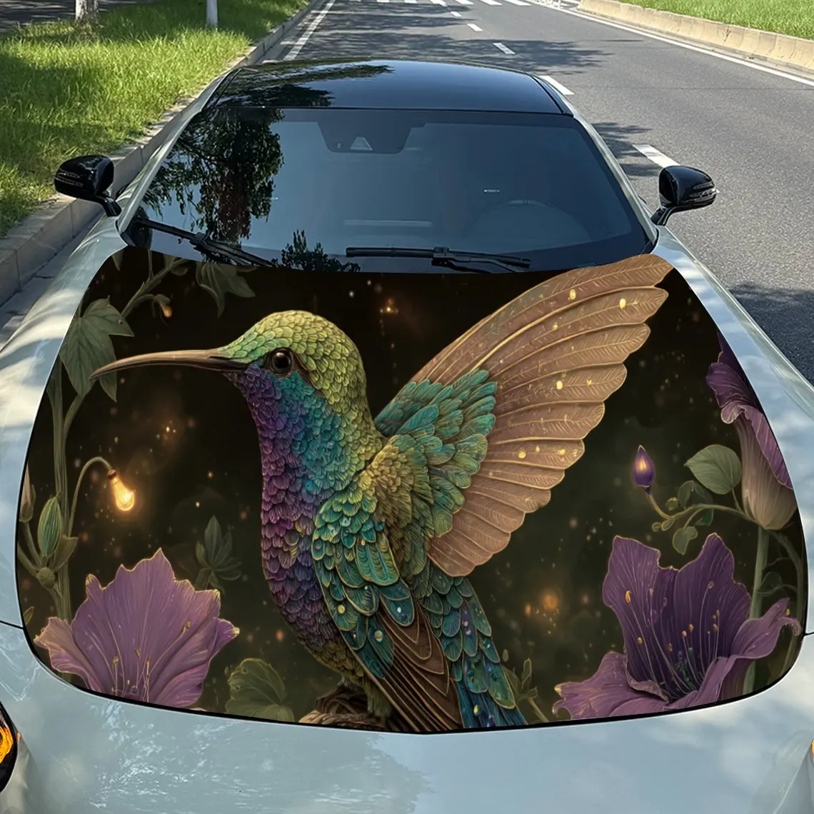 Великолепные наклейки на капот автомобиля с колибри и фиолетовыми цветами — самоклеящаяся, водонепроницаемая и прочная виниловая пленка, украшение и защита