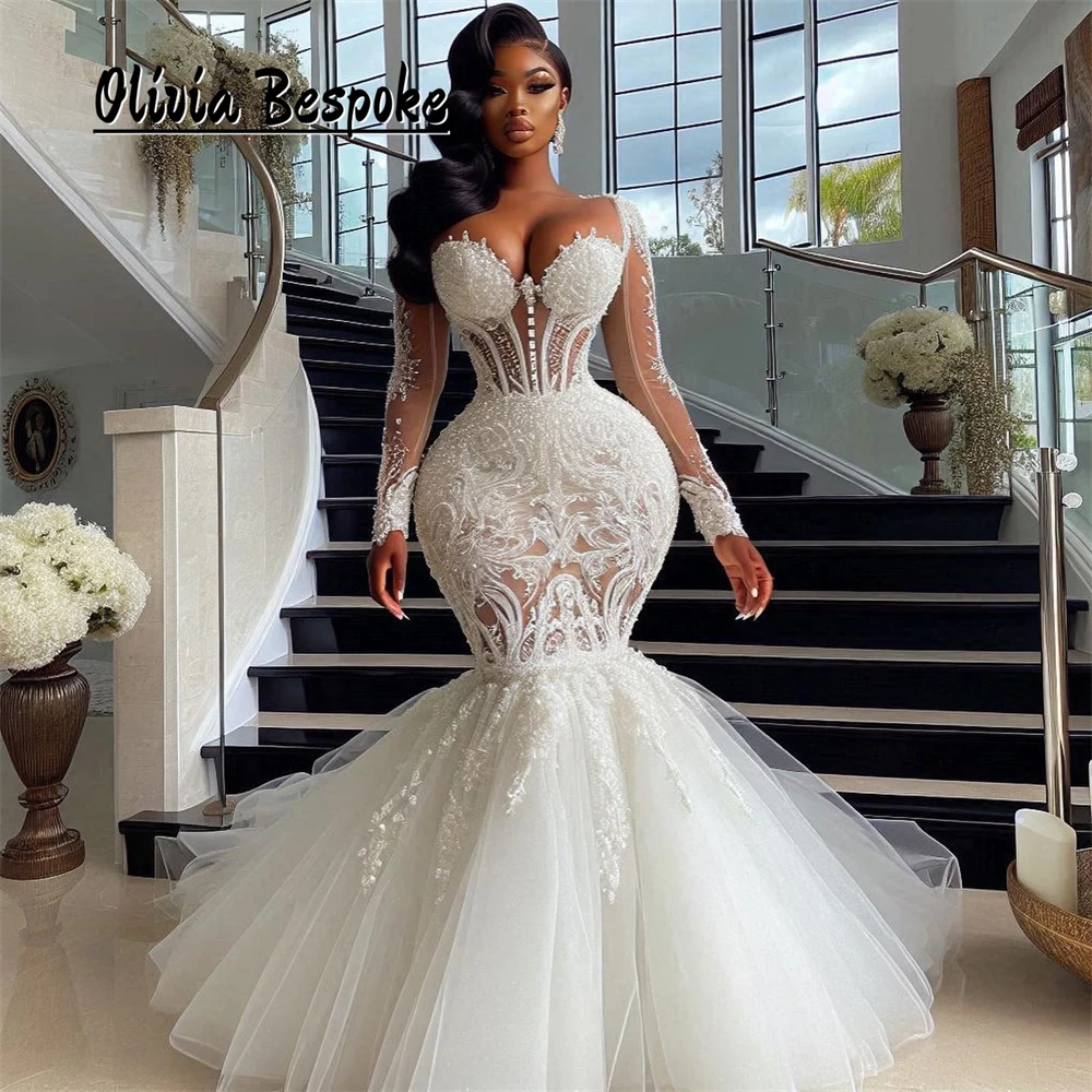 

Dreamy Lace Appliques Luxury Wedding Dress 2024 Long Sleeves Tulle Aso Ebi Mermaid Engagement Gown African vestidos novias boda