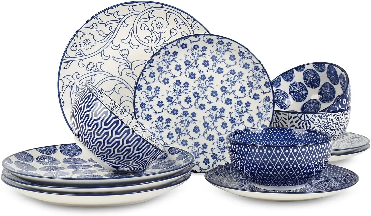 

Ceramic Dinnerware Sets, 12-Pieces Plates and Bowls Sets, Scratch Resistant Dishes set for 4, Dishwasher & Microwave Safe