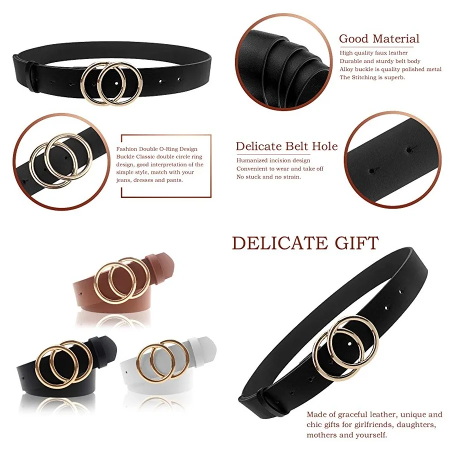 

Women's PU Leather Belt Double O Ring Soft Faux Leather Waist Belt，3pc, Small:fits waist from 24'' to 28'', Double Ring - White Black Brown