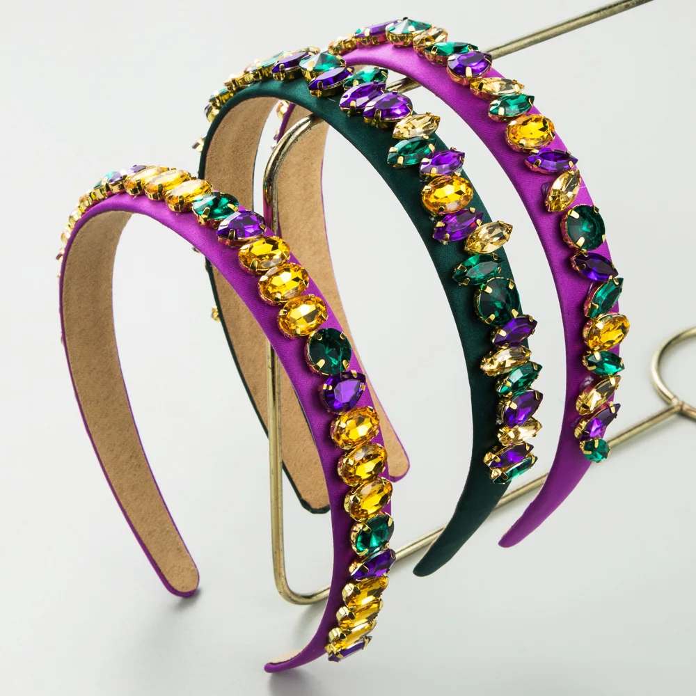 

Emerald Yellow Purple Rhinstone Mardi Gras Head Band / Multi Tone Gem Headband