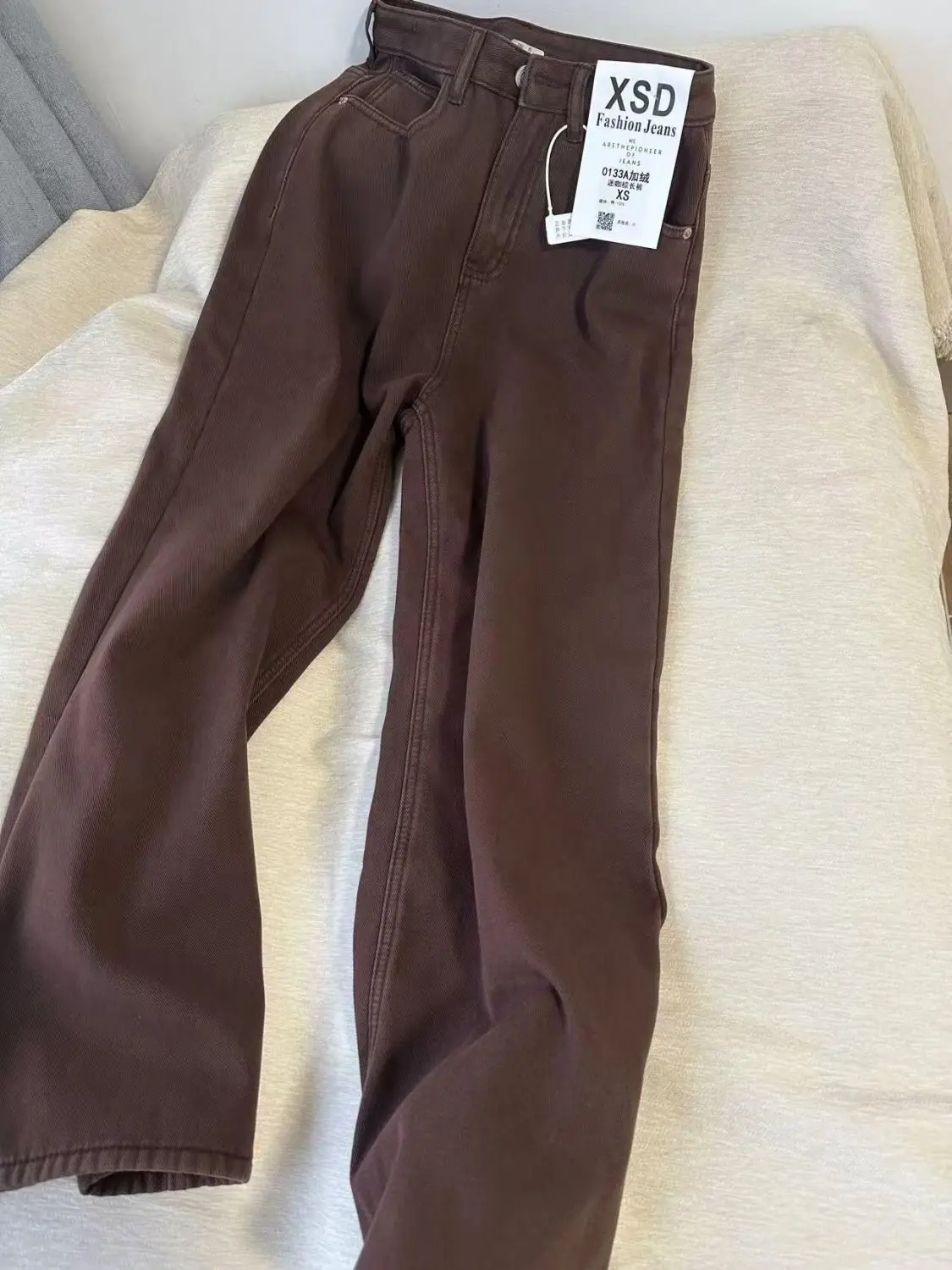 Women Fleece-Lined Jeans Women Straight-Leg Pants High-Waist Pockets Wide-Leg Pants High-Waist Loose Straight Pant Girl Students