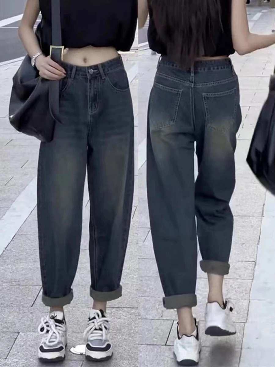 

High Waist Straight Leg Denim Jeans Women's Summer Loose Fit Elastic Dad Harem Nine-Piece Pants Casual Cotton Stretch Fabric