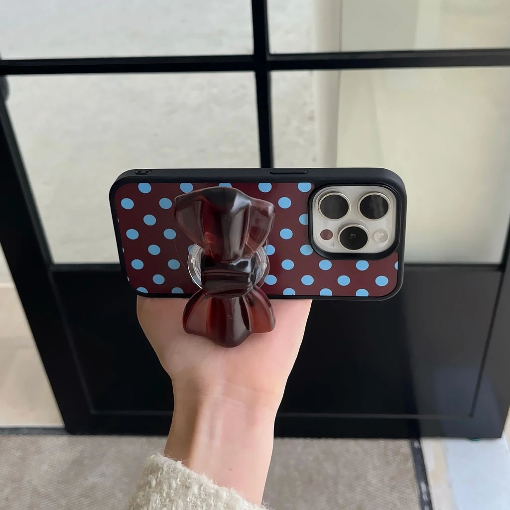 ريترو بسيط الأزرق موجة نقطة البني Bowknot مع حامل للصدمات واقية غطاء الهاتف آيفون 17 16 15 14 برو ماكس