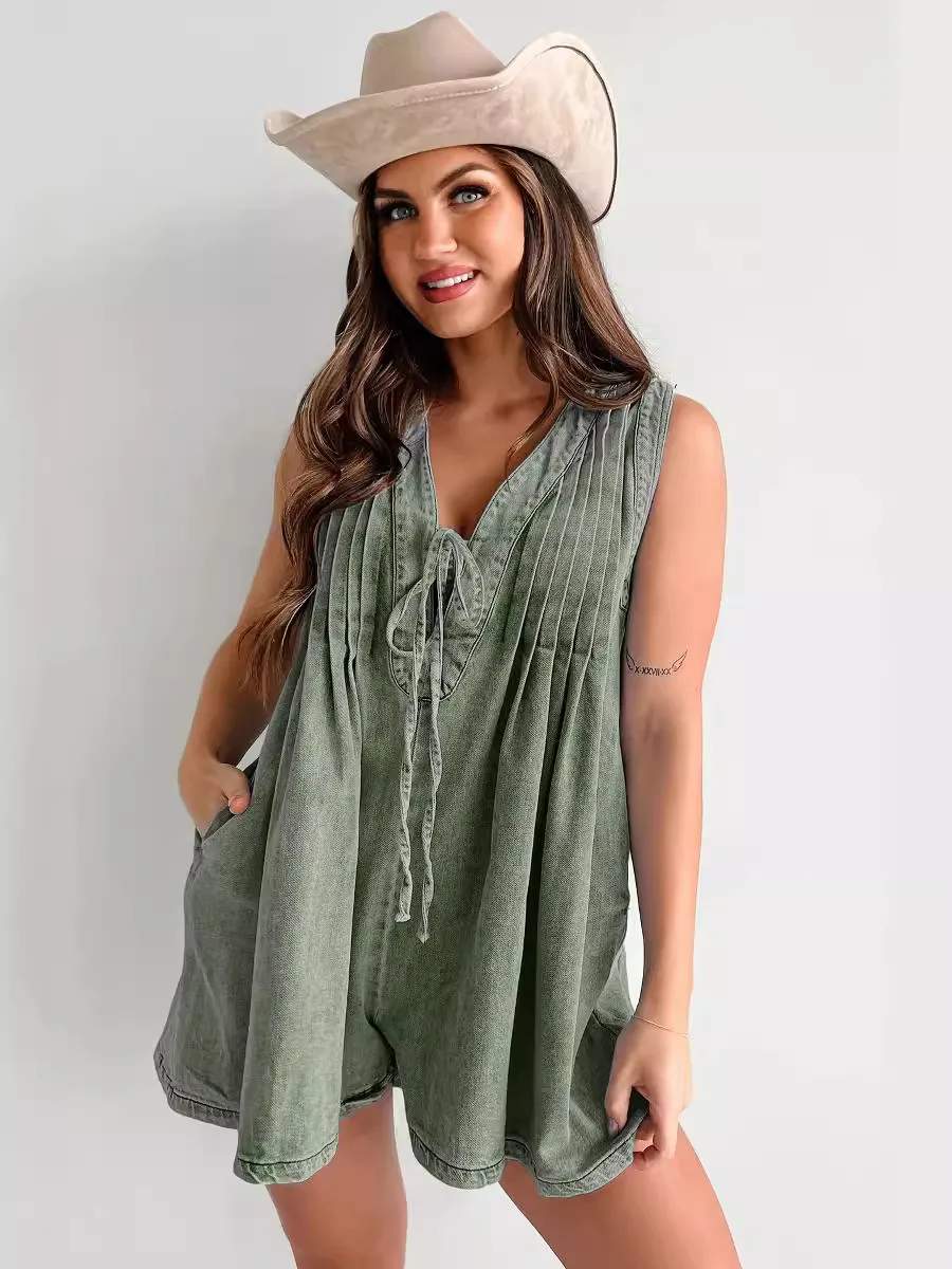 Street Personality Trend Sleeveless Denim Jumpsuit, Women's New Summer Fashion Loose Casual Lace-up Denim Short Jumpsuit Women