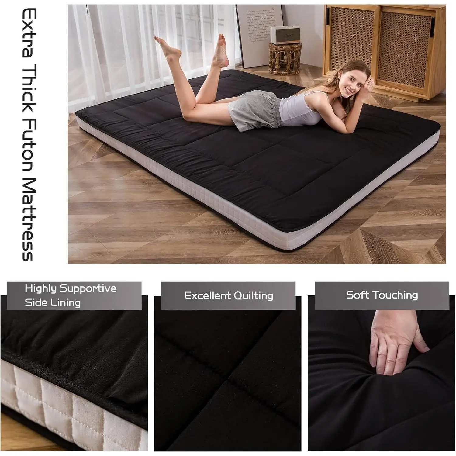 Colchón King Bed Colchón futón de piso japonés, almohadilla King Tatami para acampar, fácil de plegar y portátil,