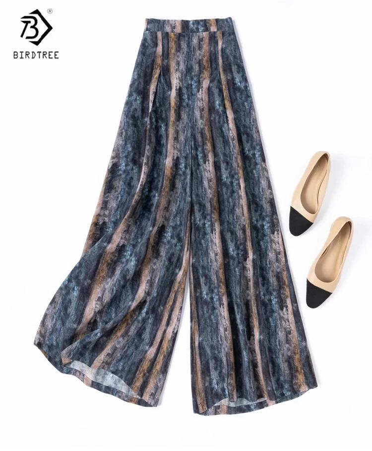 

Birdtree 100% Mulberry Silk Pants,Women Crepe Wide Leg Casual Trousers,Floral Printed Elastic Waist Cropped Pant 2025 P55603JF