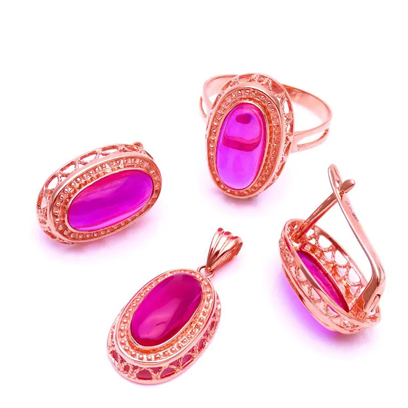 585 purple gold plated 14K rose gold palace style exquisite ruby jewelry sets light luxury earrings for women ring necklace