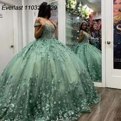 EVLAST Customized Sage Quinceanera Dress Ball Gown Sequins Lace Applique Beading Mexico Sweet 16 Vestidos De XV 15 Anos TQD738