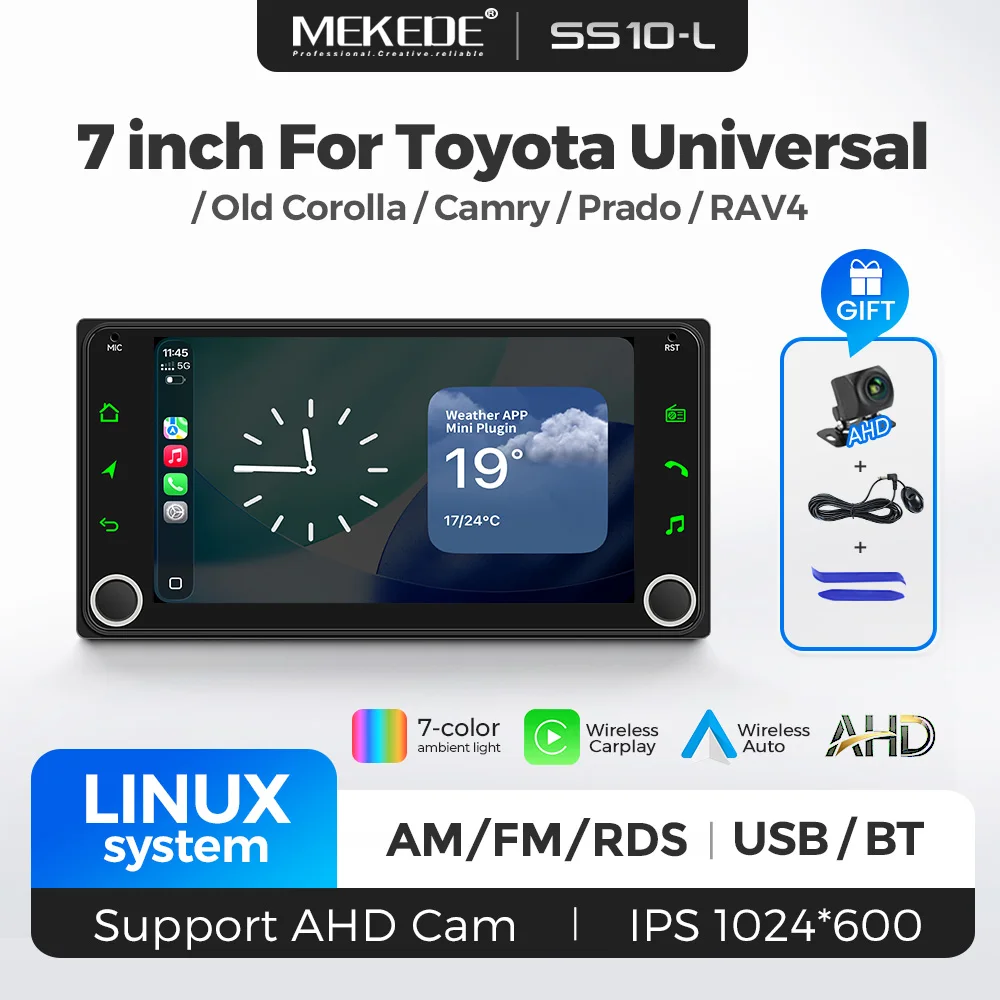 MEKEDE Linux 7-Zoll Auto-Multimedia-Stereoanlage für ältere Toyota-Modelle wie Corolla, Camry, Prado, RAV4, universell kompatibel mit Wireless CarPlay und Android Auto.